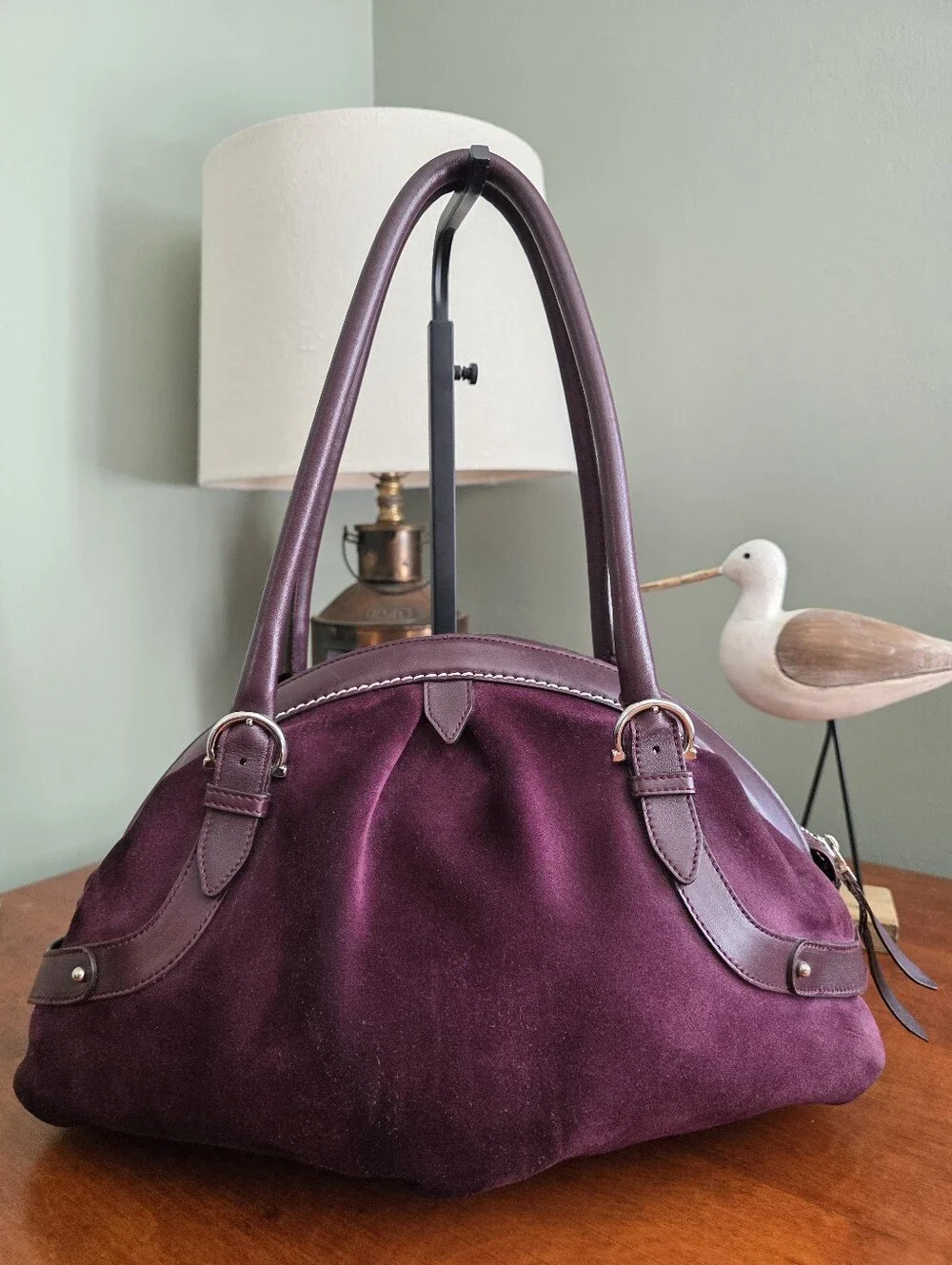 Salvatore Ferragamo Mirtillo Burgundy Suede Calfskin Leather Satchel Bag